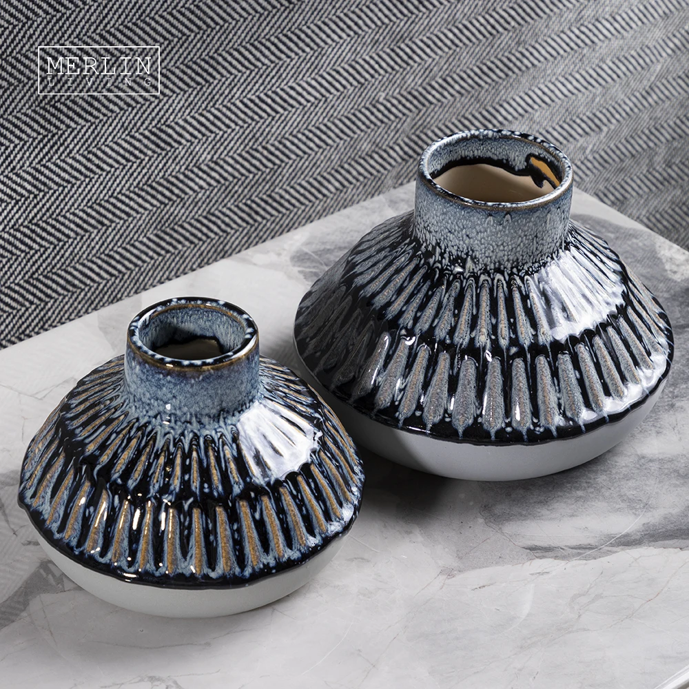 Merlin Living Vintage Glaze Metallic Glaze Smooth Blue Round Shape Cylinder Bottle Mouth Ceramic Decorative Items Wtih Vases