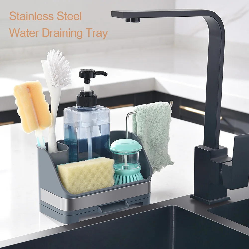 simple human 4 in 1 sink stopper holder sponge holder brush stainless steel kitchen sink caddy organizer utensil holder kitchen