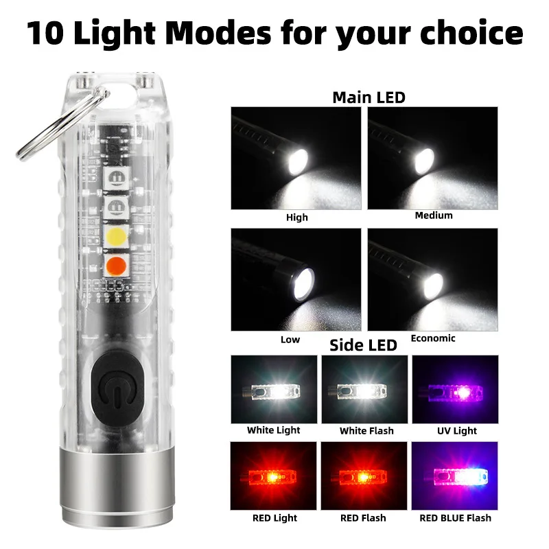 10 Light Mode Mini Led Key Chain Light Small Pocket Flashlight Type-C Rechargeable Led Torch Light