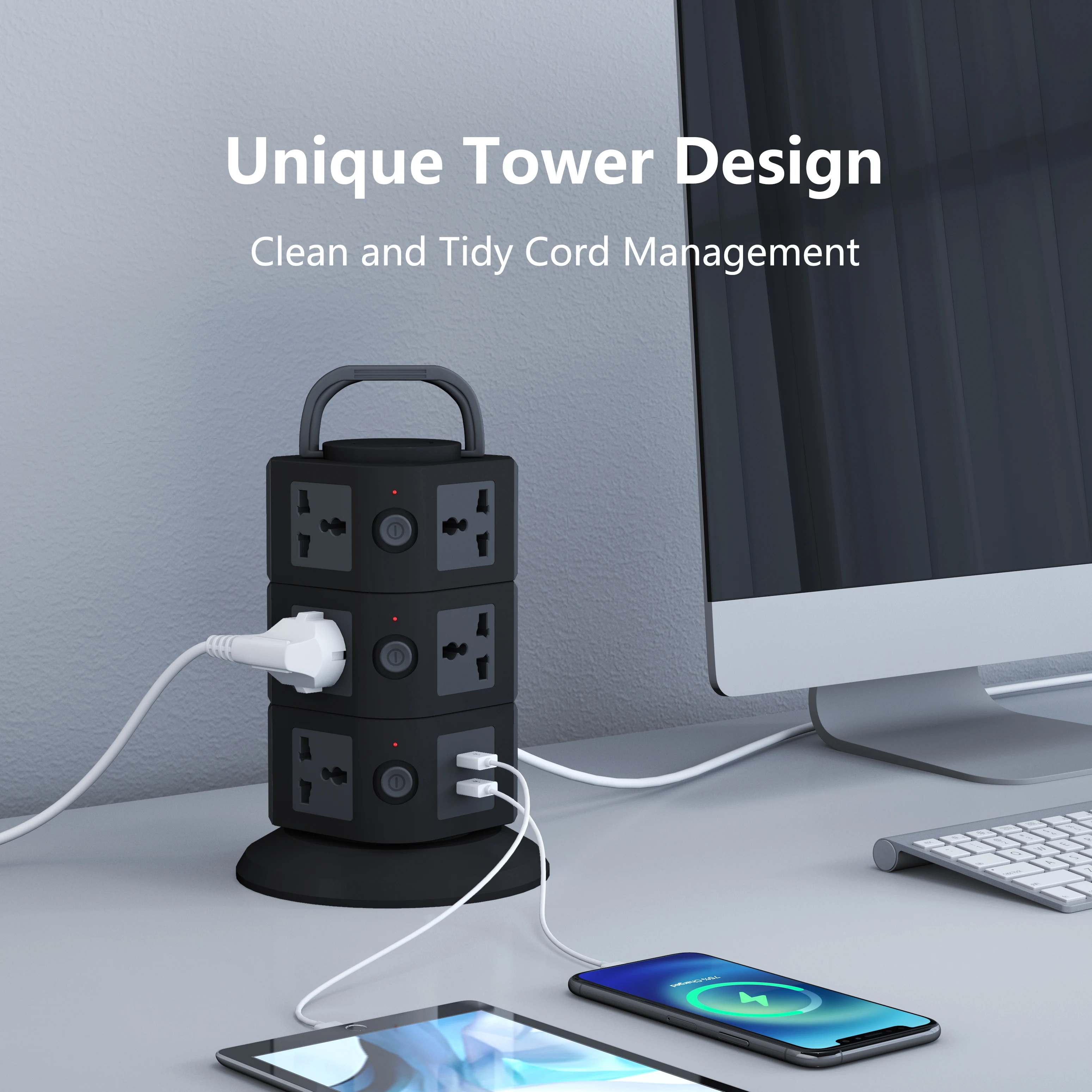 Multiple Universal Plug Outlet Socket Smart Electrical Individual Switch Desktop Charger Tower Extension Board With 2 USB Ports