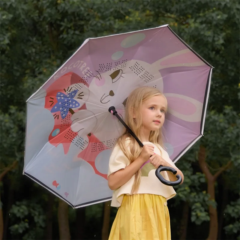 KOCOTREE Cartoon Reverse Umbrella Kids Inverted Windproof C Handle Double Layer  Rain and Sun Children Umbrellas
