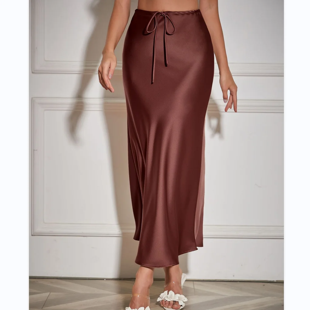 New Fashion Skirt With Adjustable Waist Elegant Satin Fishtail Maxi Skirt Deep Burgundy