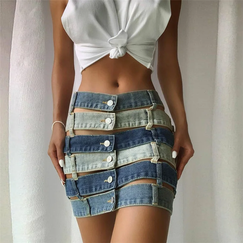 New Arrivals 2021 Clubwear High Waist Sexy Buttons Front Hollow Out Lady Blue Short Denim Jean Skirt Mini Skirts For Women