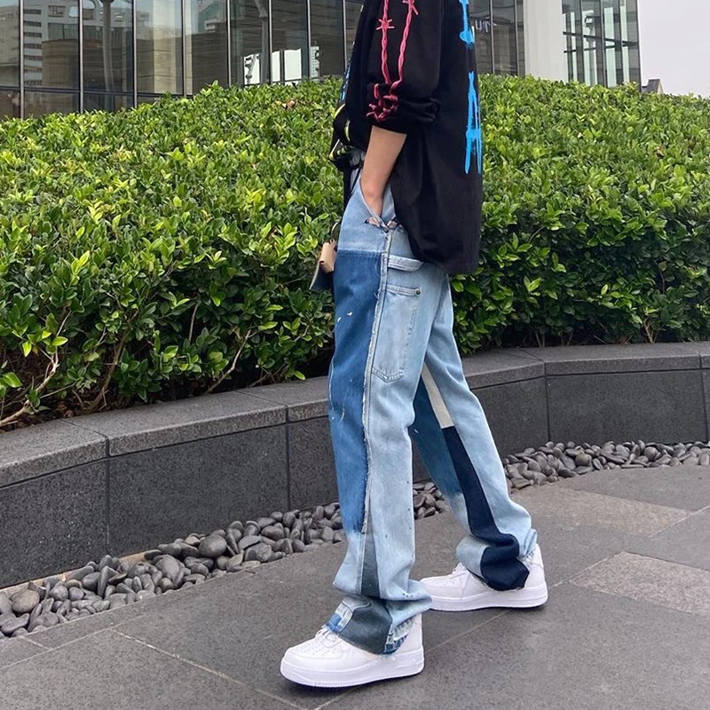 High street men color block spliced washed flare jeans straight Retro loose casual wide leg denim