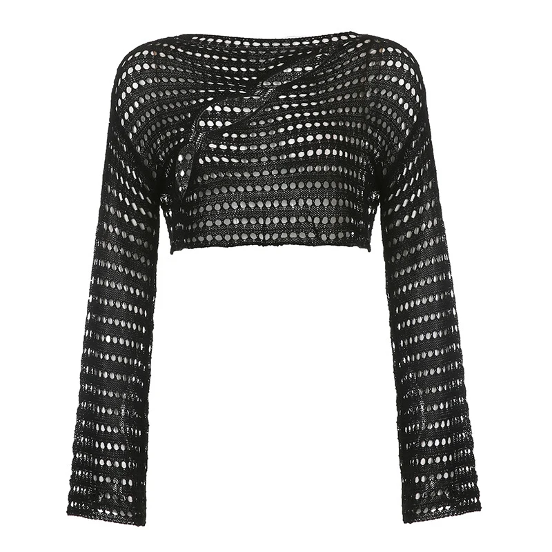 Custom vintage casual sexy crochet sweaters hollow out crop top knitted pullover sweater women