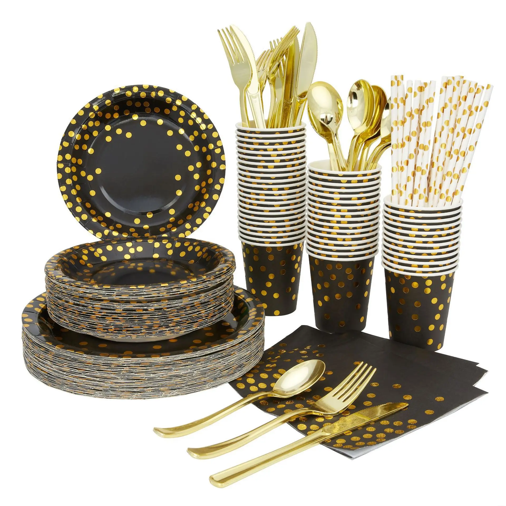 Black Gold Dots Disposable Paper Tableware Sets with Plates Cups Straws Cutlery for Party Wedding Supplies JW Opp Bag Gua 200pcs