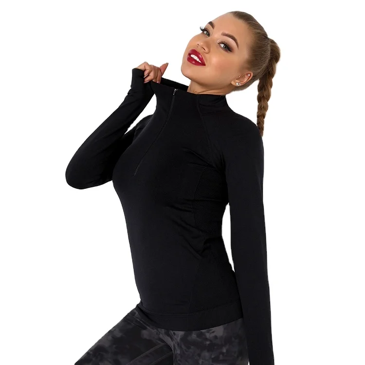 Winter Active Wear Top Solid Color Sweatshirts Seamless Four Way Stretch Women Long Sleeve Half Zipper Yoga Top With Thumb Hole