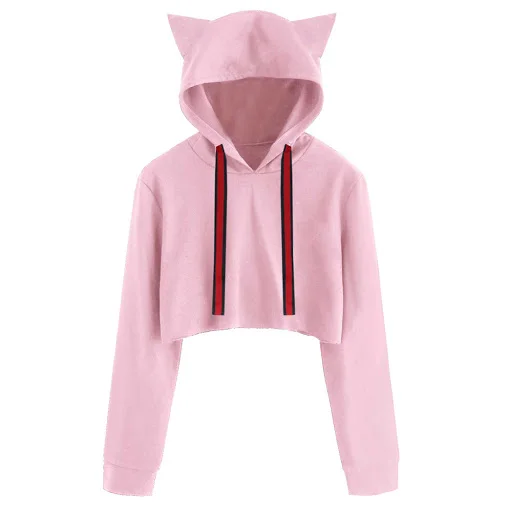 Drawstring Cropped Cat Hoodie Casual Womens Hoodies & Sweatshirts Woman Crop Top Cat Ears Hoodies Girl Sweatshirt