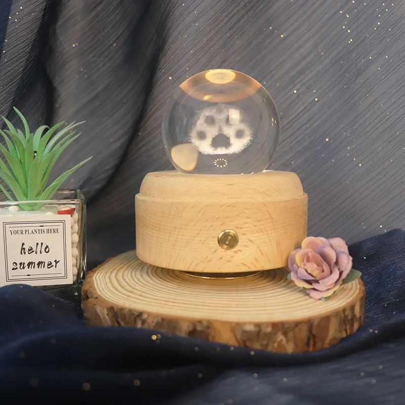 Hot Sale Music Box Bed Lamp Night Light 3d Crystal Ball Lamp With Led Lighting Wood Base