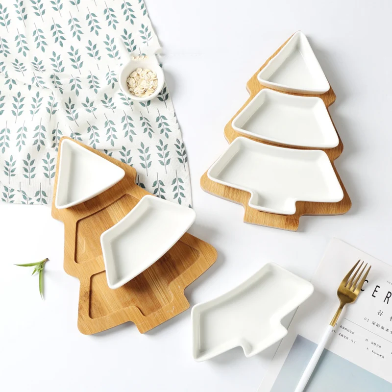 Pan holiday gift creative design Christmas tree shape plate wooden tableware bamboo plate