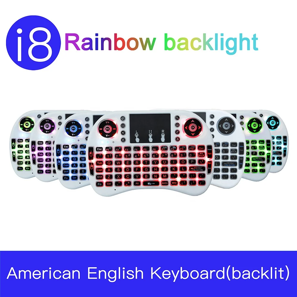 American English Backlight i8 2.4GHz 7-color Wireless Mini Keyboard Hebrew Italian Portuguese  Air Mouse Touchpad Controller