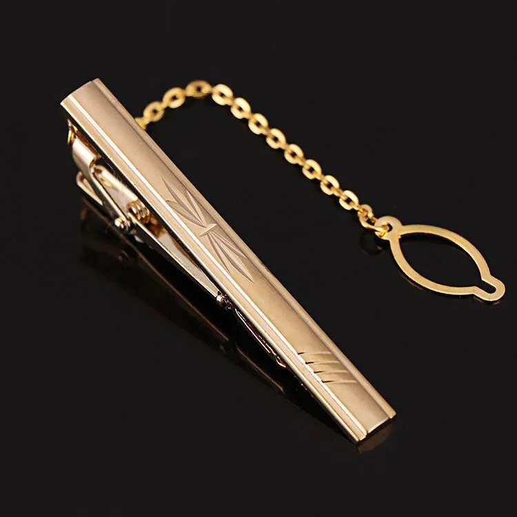 High Quality OEM Competitive Price Gold Plated Tie Clips With Chain Wedding Tie Bars Stainless Steel Tie Clips for Men
