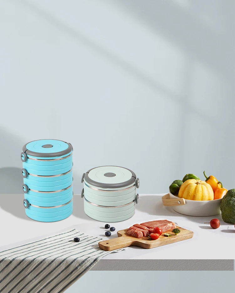 Insulated vacuum lunch box stackable 2 layers round stainless steel lunch box