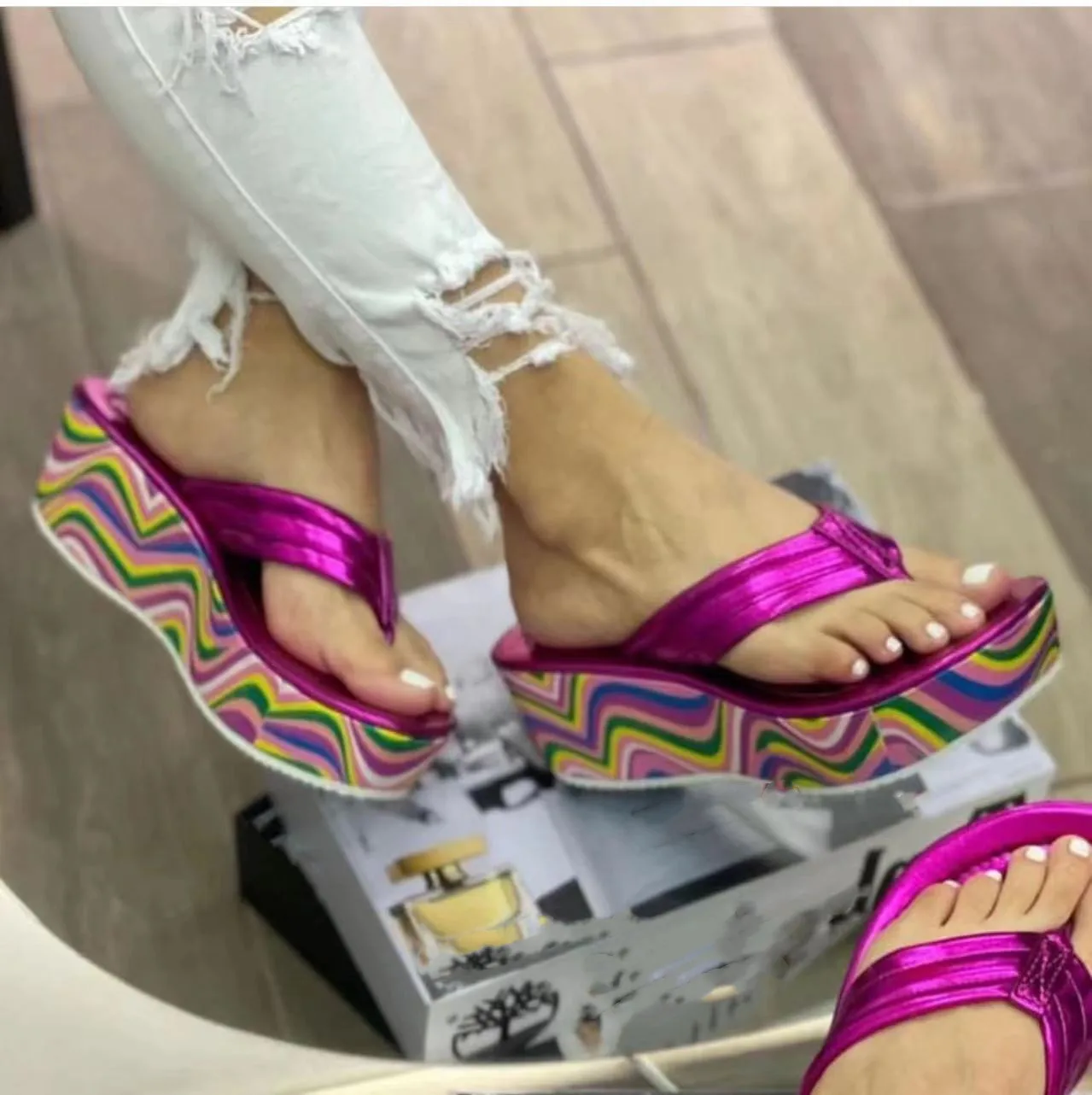 Flip-flop  Women And Ladies Wedge Heels Ladies Patent Leather Rainbow Platform Sandals Ladies  Flip Flops