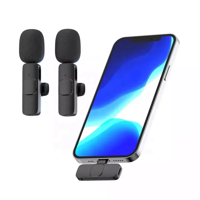 2023 New 1 Drag 2 Microphone Lavalier 2.4GHz 2 in 1 Portable Mini Microphone Wireless Recording Microphone for iPhone