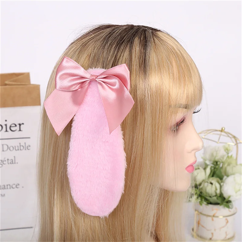 Women Girls Hair Clip Cute Rabbit Bunny Plush Lop Ears Hairpin Candy Color Ribbon Bowknot Lolita Cosplay Hair Accessories