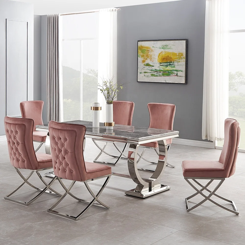 Modern Furniture kitchen dinning table and 6 chair Luxury restaurant metal stainless steel marble dining room sets dining tables