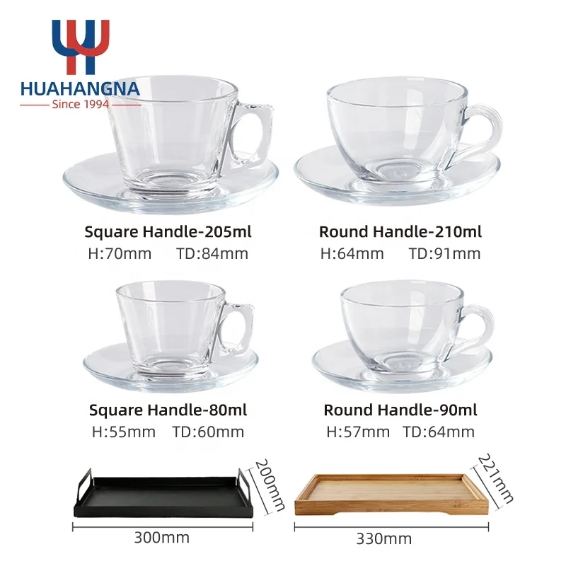 210ml 7oz Premium Customized Logo Lightweight Durable Clear Glass Tea Cups and Saucers Sets of 6 for Hot Latte Beverages