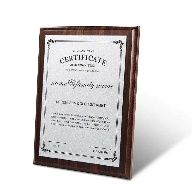 wooden custom authorization certificate gold brass metal award plaque