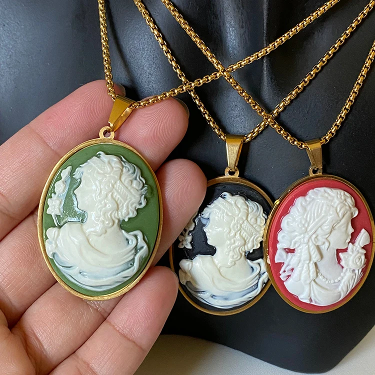 Vintage Style 14k Gold Platedoval Shape Resin Acrylic Embossed Beauty Head Small Cameo Pendants Necklace