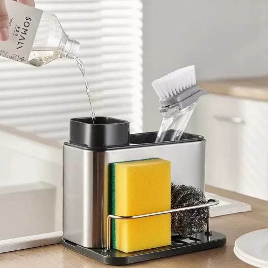 3 in 1 Multifunctional Kitchen Drain Storage Stainless Steel Metal Cleanser Soap Dispenser Sponge Brush Organizer sink caddy