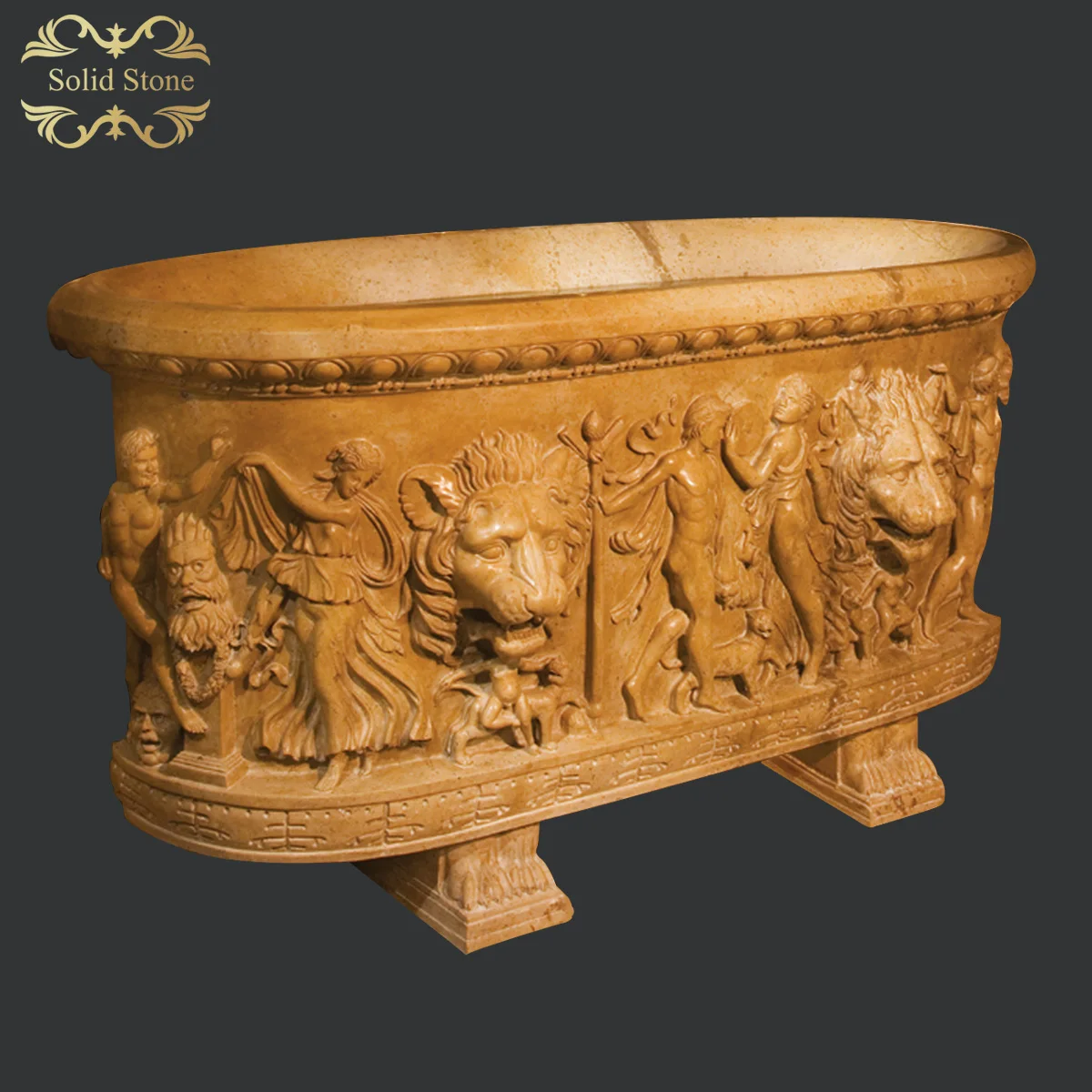 Classic design lion head decorative natural beige stone bathtub