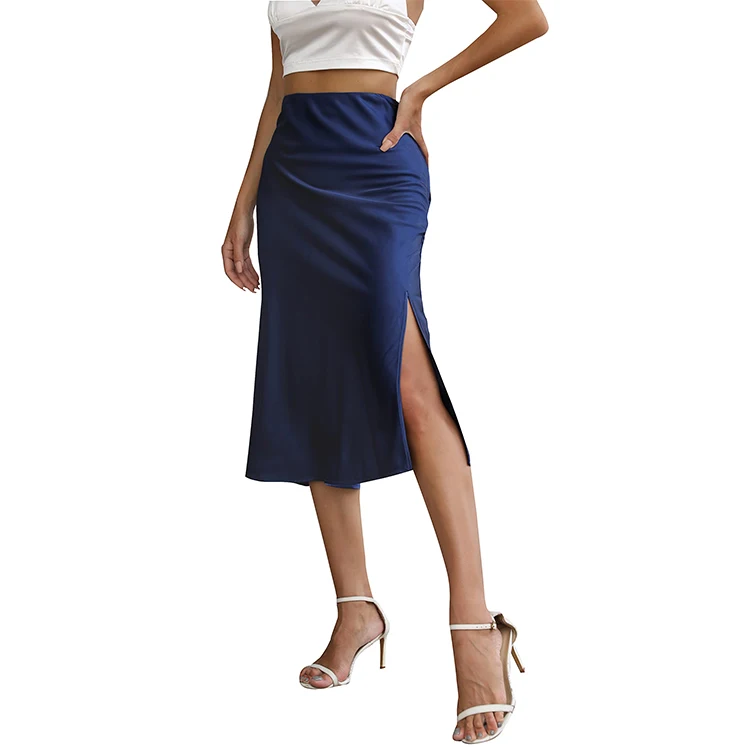 Womens Silky Satin Midi Ruffle Skirt High Waist Elastic Waist Zipper Back  A Line Skirt with Slit