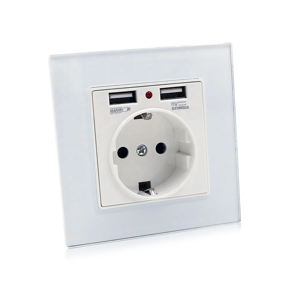 European standard wall schuko socket with 2 USB charger ports electrical 1 gang socket outlet with usb