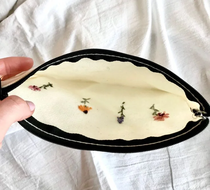 Wildflowers Hand Embroidered Canvas Pouch with Zipper Cosmetic Bag Pencil Case Wallet Toiletry Bag