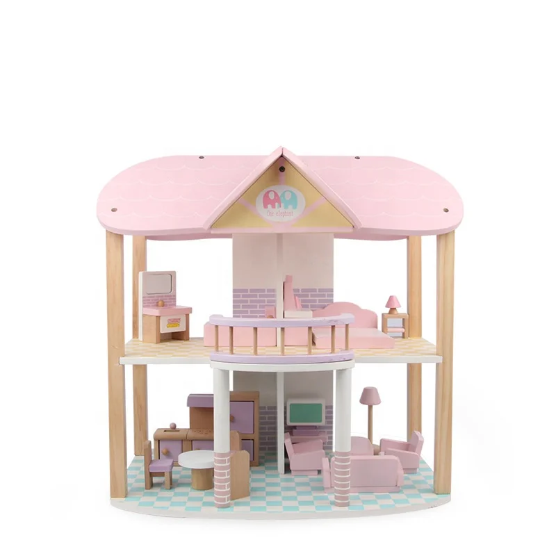 Wholesale Wooden children play house toy pink princess doll house cabin girl gift simulation castle villa wooden toy house