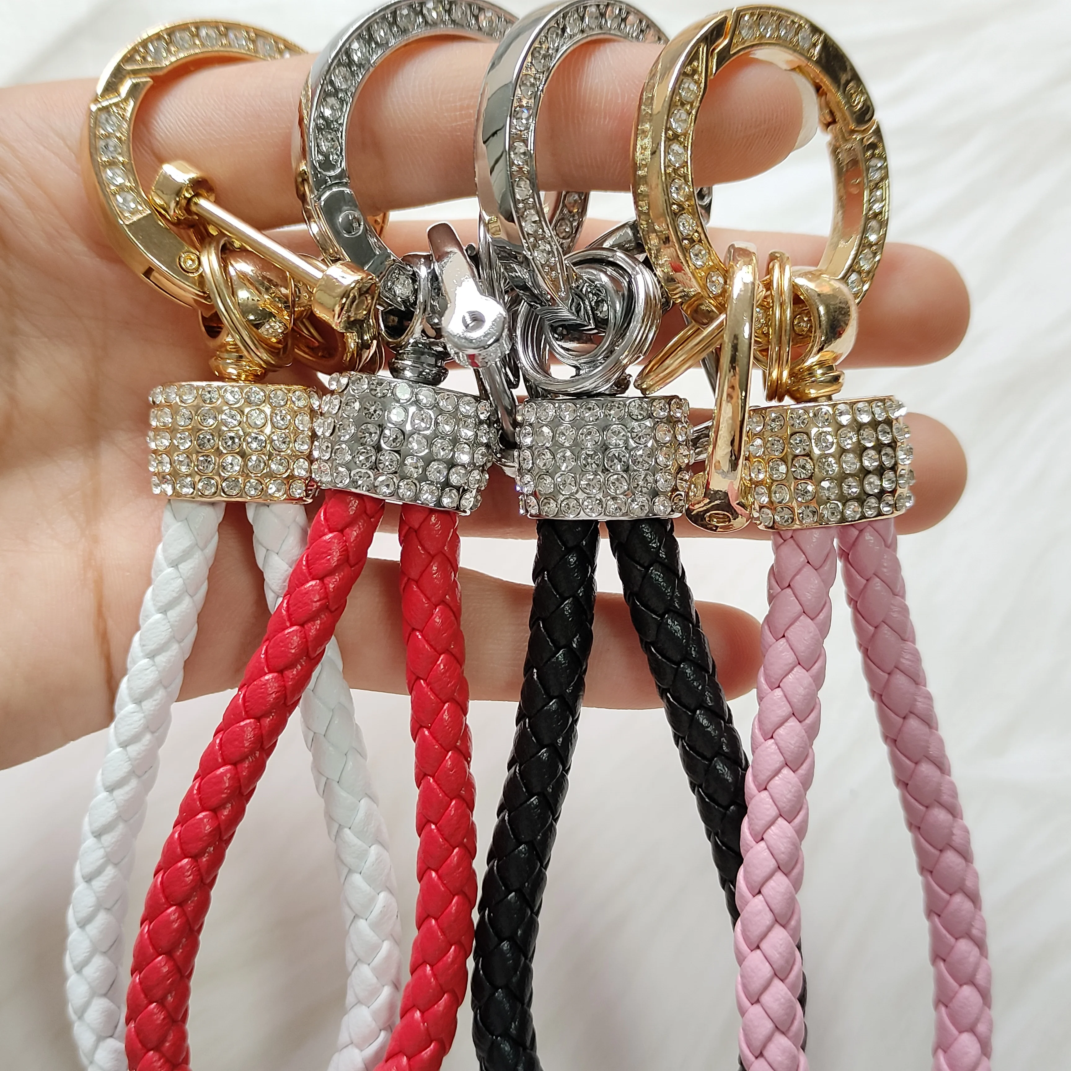 Xun Xin PU Leather Braided With Rhinestone Rope Key Chain Bag Pendants Car Key Holder Trinket For Women Party Jewelry Gifts