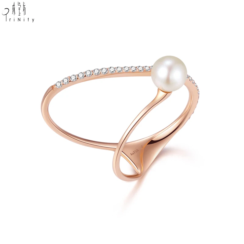Fashion Stylish High Quality 18K Solid Gold Diamond Ring Jewelry FreshWater Pearl Rings For Women and Girls Christmas Gift