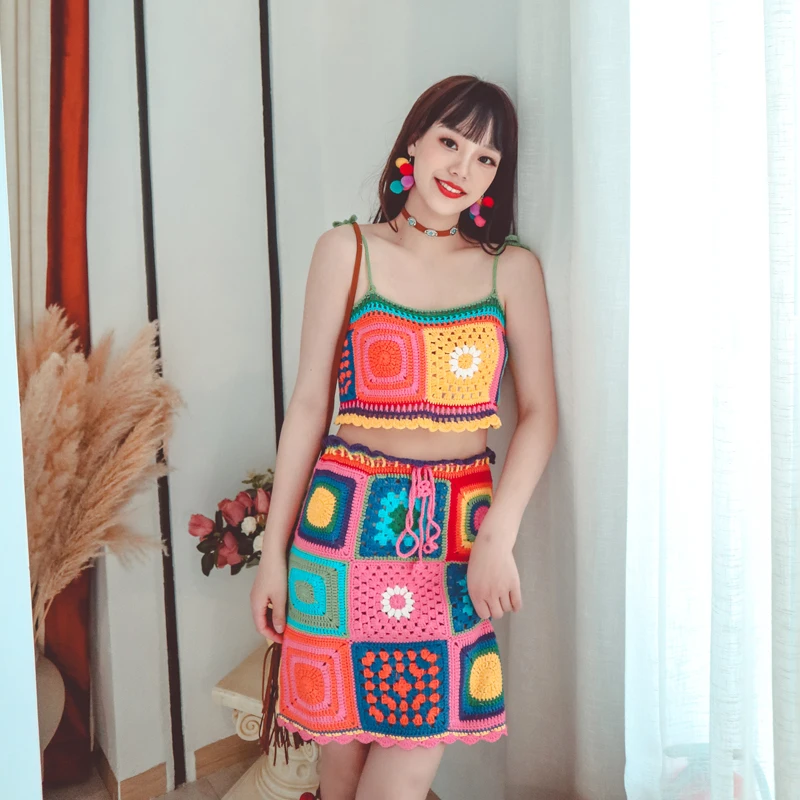 Custom OEM & ODM  crocheted women sweater set winter Hollow out hand crocheted knitwear crocheting  womens knit dress