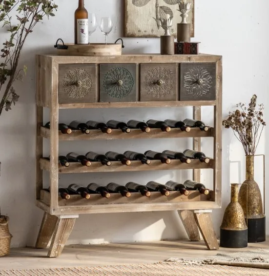 Vintage red wine rack Solid wood porch Floor to floor wine display rack Industrial style bar storage rack