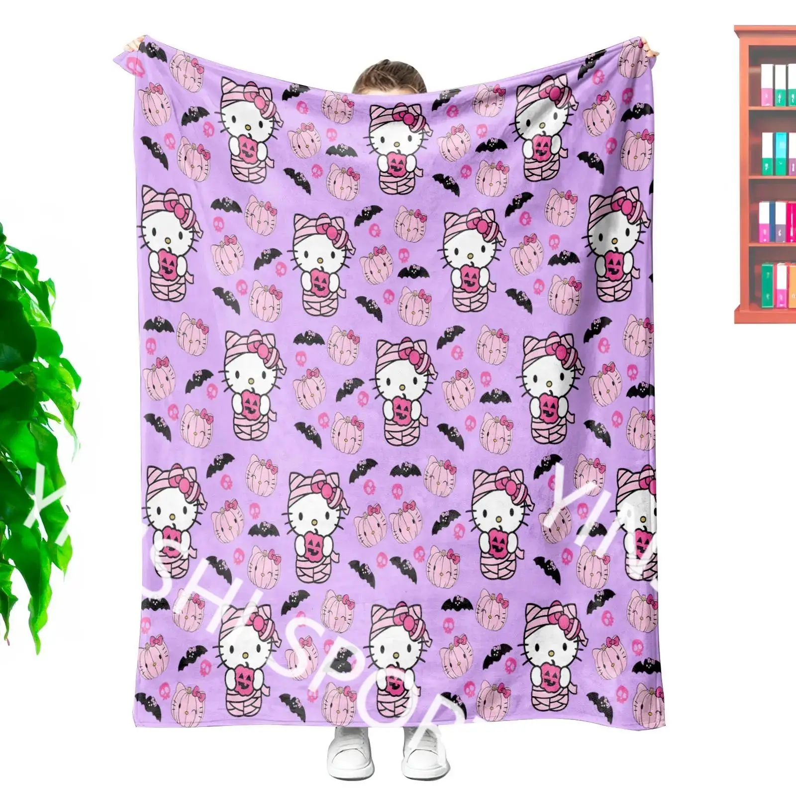 YINSHI 340 Grams Wholesales Customization Printed Halloween Kids Cartoon Kawaii Hk Kt cat Mummy King Size Cozy Throw Blankets