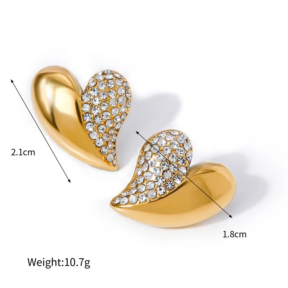 Luxury fashion 18K gold stainless steel half smooth half encrusted zircon love jewelry earrings for women