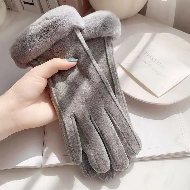 Warm Gloves Female Winter Plus Fleece Thickened Suede Autumn And Winter Cold Touch Screen New Cycling Ski Riding Gloves R2219