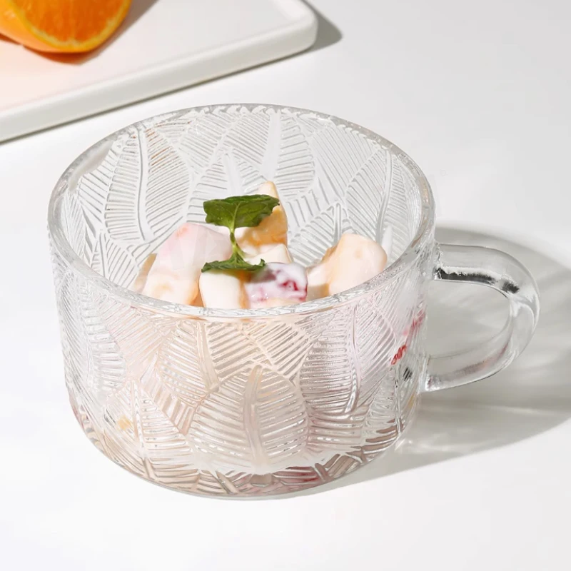 Hand-Painted Striped Relief Glass Mug Transparent Clear Water Cup Recycled Handle Creative Alluring Breakfast