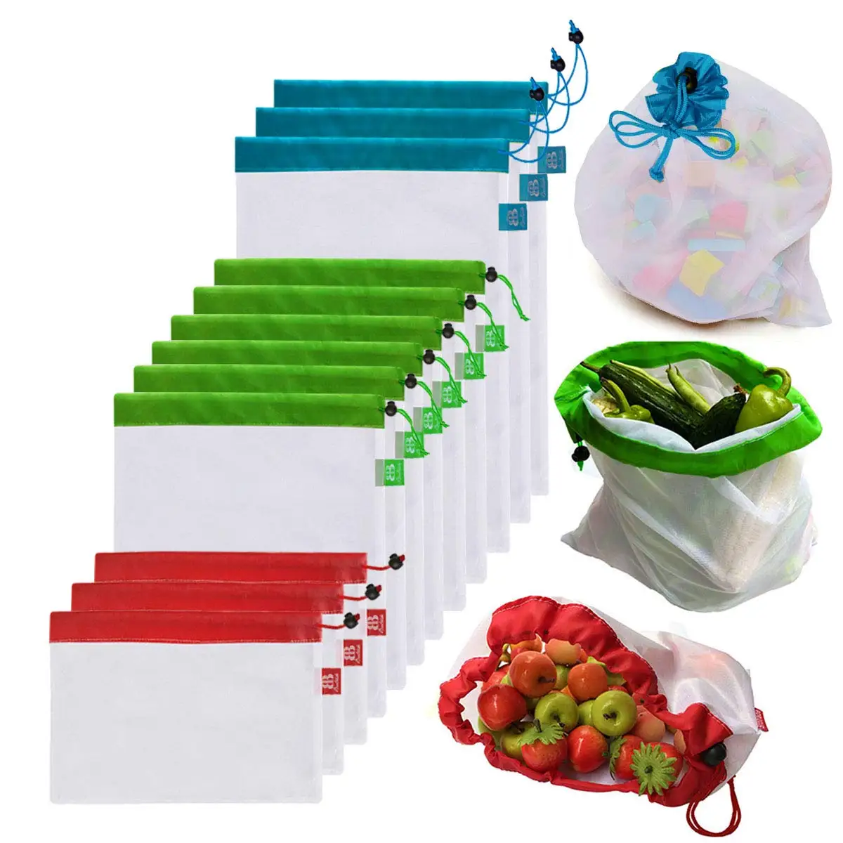 ECO FRIENDLY RECYCLED DRAWSTRING MESH BAG STRING SHOPPING WASHABLE NET PRODUCE REUSABLE RPET MESH BAGS FOR FRUITS AND VEGETABLES