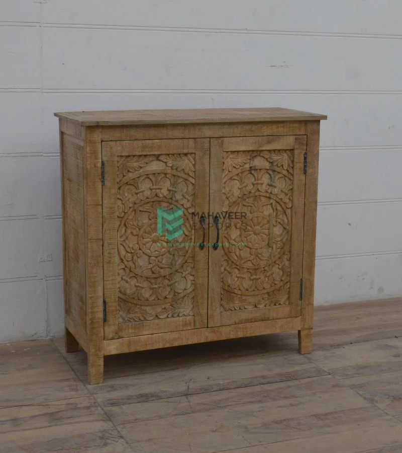 High Quality Two Door Floral Carved Sideboard Natural Rustic finish