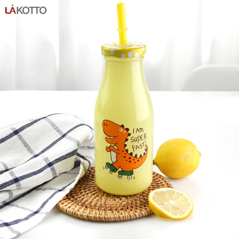 9.5oz Dairy Reusable Glass Milk Bottles with Straws and Metal Screw on Lids