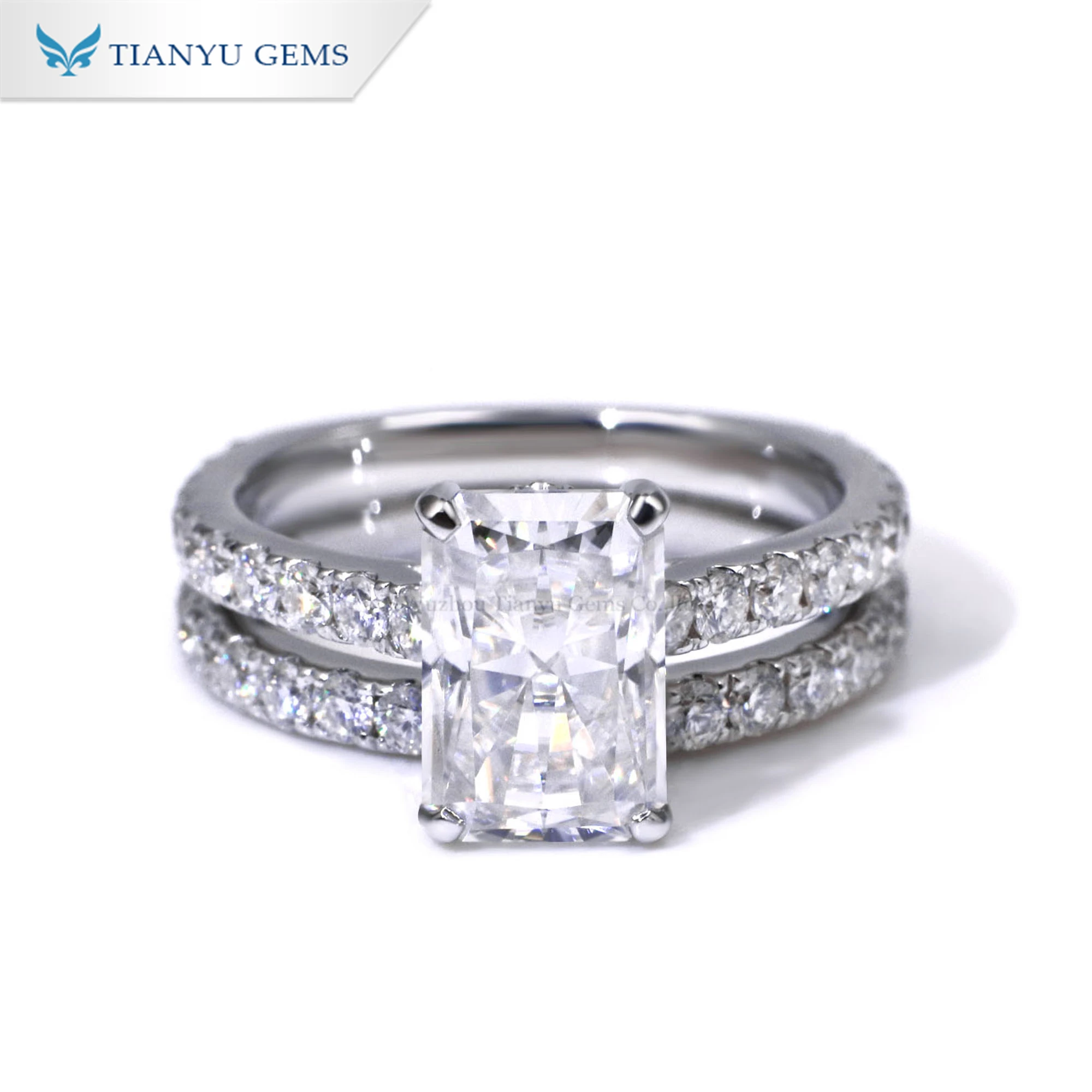 Tianyu Gems moissanite and lab diamond radiant cut diamond white gold wedding ring set