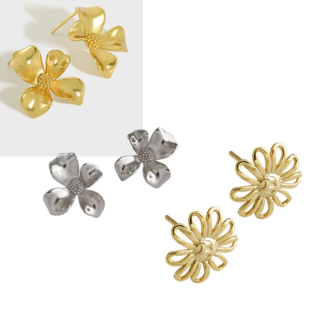 Fashion design Simple Vintage Trendy 18K Gold Plating Stud Personalized S925 Sterling Silver Flower Earrings for Gifts