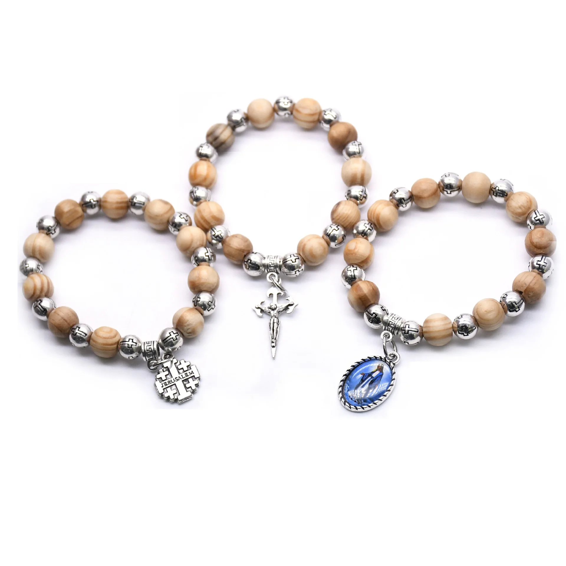 2022 New Design Wooden Bead Macrame Cross  Wood Beads Catholic Rosary Bracelet