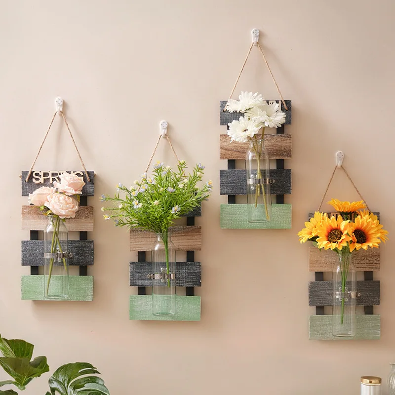 Farmhouse Rustic Glass Wooden Wall Vertical Planter Flower Plant Pot Wall Decor Pendant Wall Hanging Vase