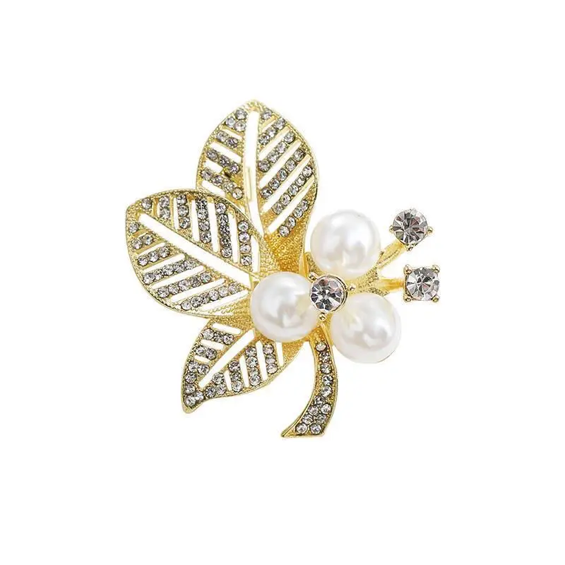 Light Luxury Personality Rhinestone Diamond Pearl Leaf Brooches Women Flower Brooch Pin