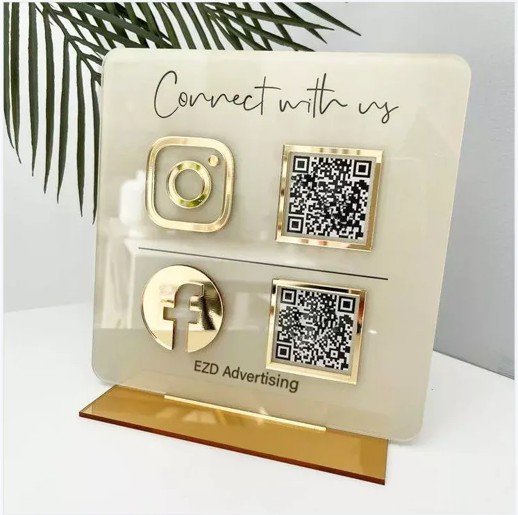 Customize Tabletop Acrylic or wooden Facebook Ins Plaque Gold Qr Code Beauty Sign Business Social Media Sign With Stand