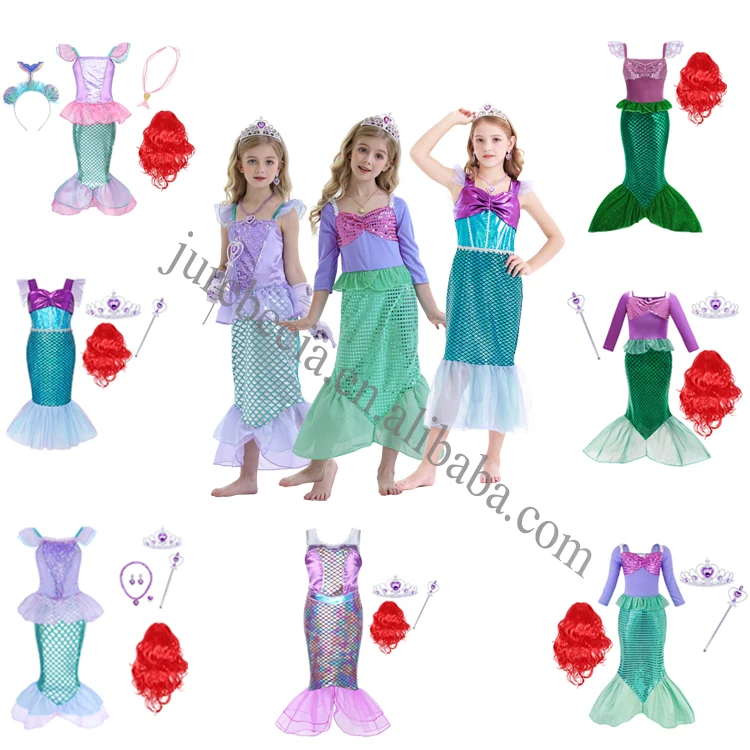 Halloween Dress Up Children Little Mermaid Clothes Fancy Costume Kid Girl Princess Dress up Cosplay Dresses Costumes with Wig