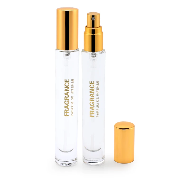 Luxury 10ml empty fragrance sample clear cylinder  round sprayer empty bottles with gold pump for perfume oil men