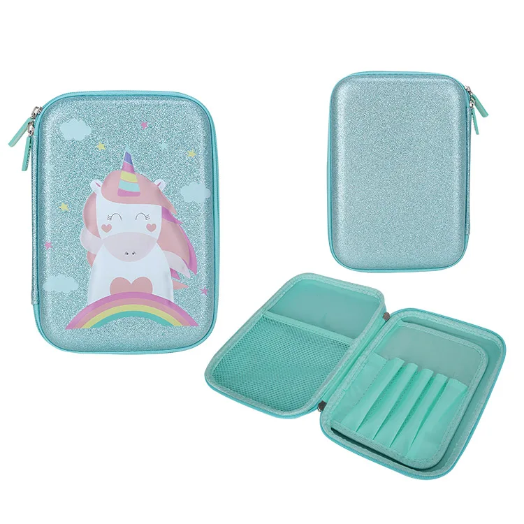 Cute Custom Logo Blue Glitter Pu Cover Pencil Pouch 3D Embossed Unicorn Design Pencil Case Bag For Girls